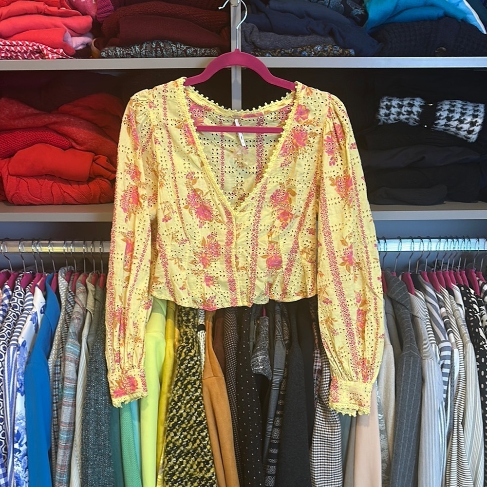 Free People yellow and pink floral print eyelet long sleeve v neck top size XS
